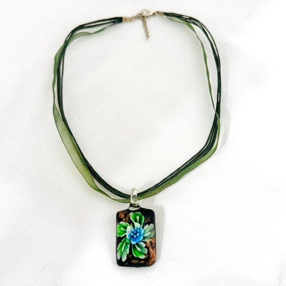 Art Glass Flower Pendant/Necklace w/Green Sheer Ribbon and Cord - Picture 3 of 6